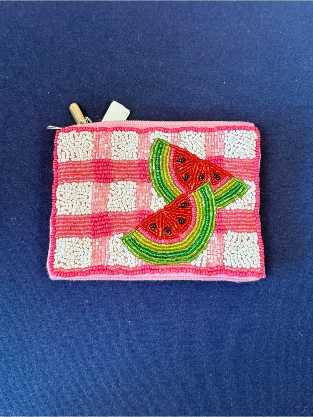 Beaded Pink Watermelon Coin Purse with gingham pattern